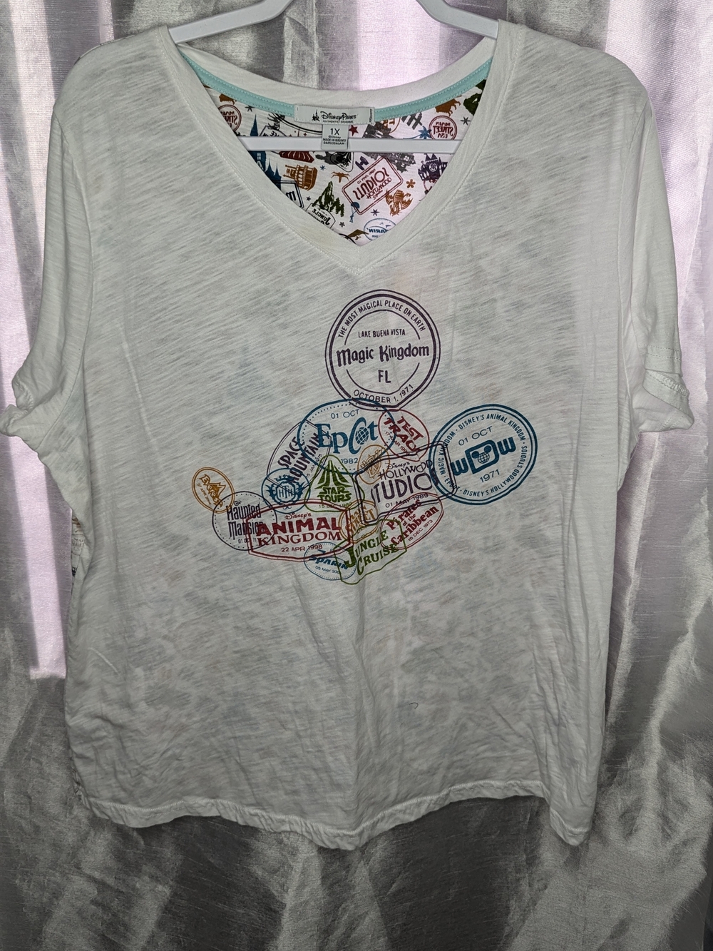 Disney Parks Walt Disney World Passport Stamp Print White V-Neck T-Shirt 1X